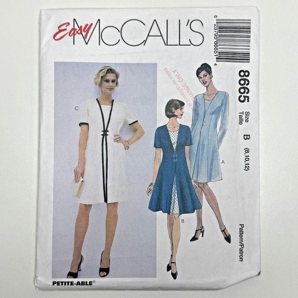 McCALLS 8665 Uncut Sewing Pattern 8 10 12 VTG 90's Semi-Fitted Dress w. Overlay